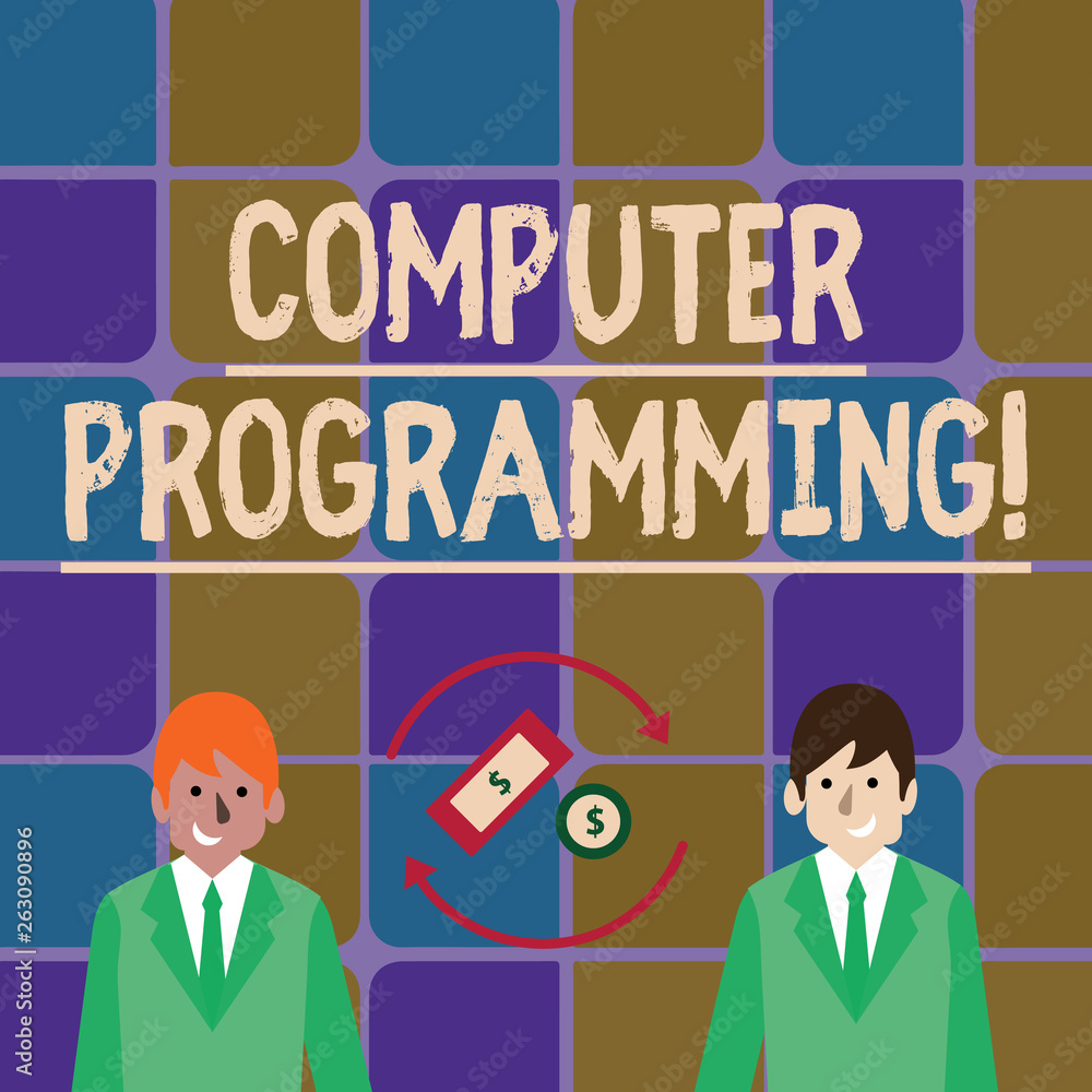 Handwriting text writing Computer Programming. Conceptual photo process that instructs a computer on how to do a task Money in Dollar Currency Sign Inside Rotating Arrows Between Two Businessmen Handwriting text writing Computer Programming. Conceptual photo process that instructs a computer on how to do a task Money in Dollar Currency Sign Inside Rotating Arrows Between Two Businessmen