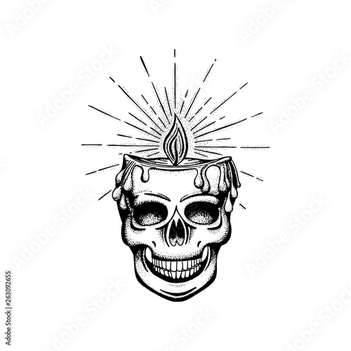 Skull. Skull with burning candle with rays in head. Skull and candle hand drawn vector illustration. 