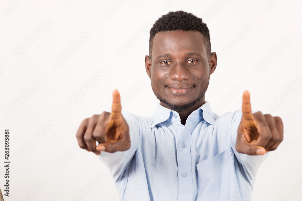 smiling man with hands gesture isolated on white background - obrazy, fototapety, plakaty 