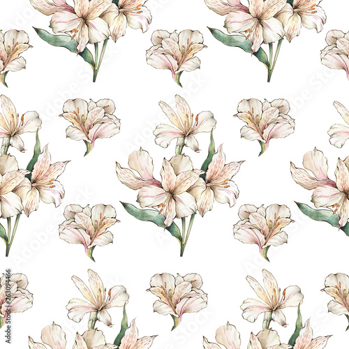 Alstoemeria flowers background. Watercolor white lilies. Elegant wallpaper with seamless pattern.