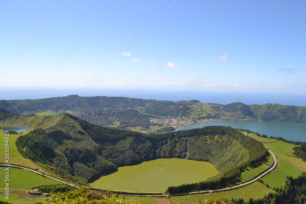 Naklejka premium Sete Cidades, Sao Miguel, Azores, Portugal, landscape, nature, countryside, sky, green, hills, panorama, mountain, hill, grass, field, view, meadow, mountains, Europe