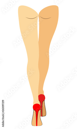 Silhouette figure of a lady in a bikini. Slender legs of a young girl in red shoes. The woman is running. Feet well-groomed, beautiful silky skin. Vector illustration.