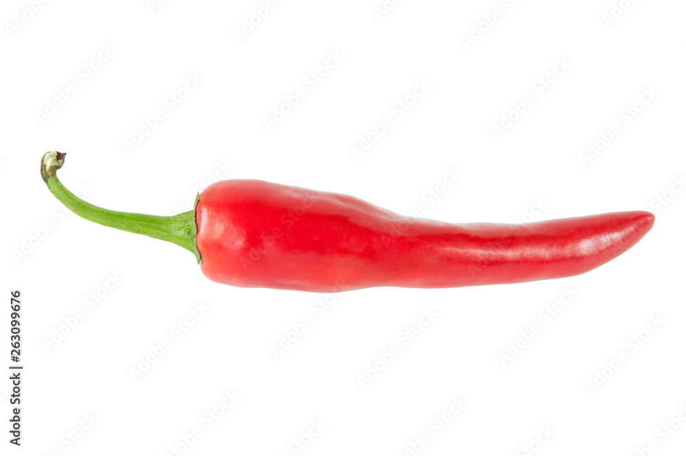 Ripe red pepper pod isolated on white background.