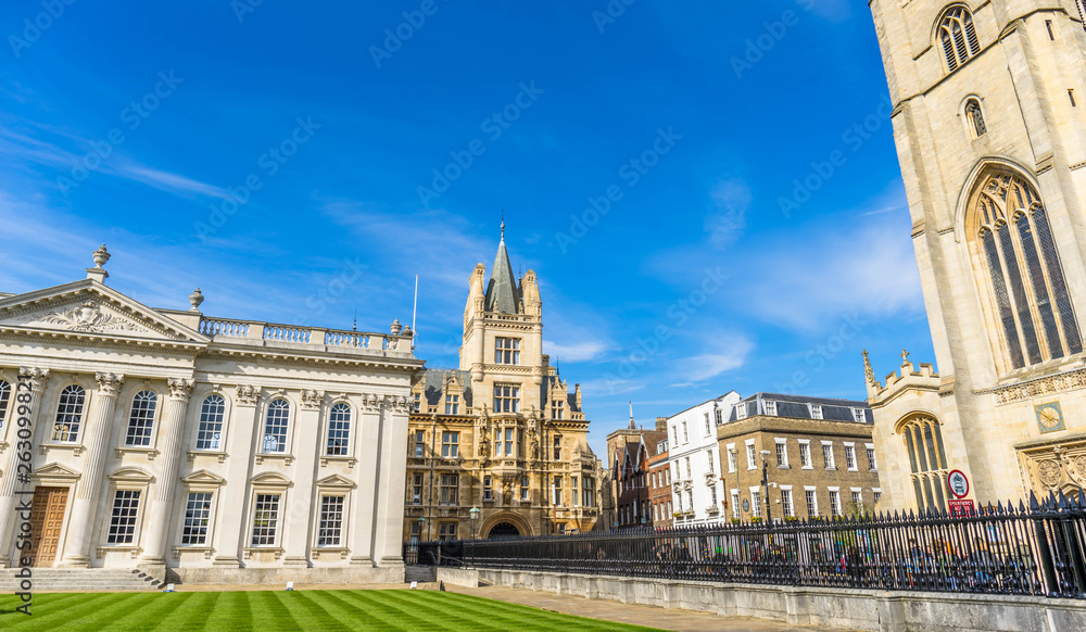 Street view, Church of Saint Mary the Great is landmark near King's college and University of Cambridge, The Old Schools in Cambridge, England