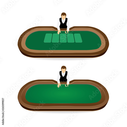 Croupier and poker table. Croupier behind gambling table in a casino. Vector illustration.