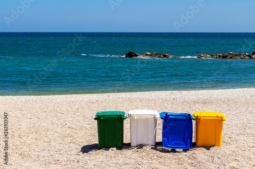 Recycling bins at a Porto Recanati beach, Italy