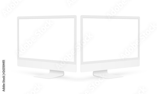 PC screen mockup with perspective view. Clay computer monitors with blank screens isolated on white background. Vector illustration