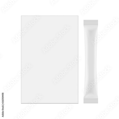 Stick sachet and packaging box mockup isolated on white background - front view. Vector illustration