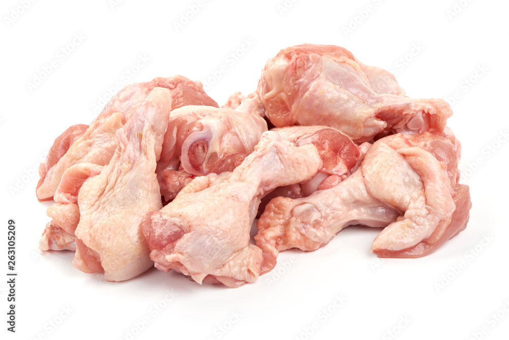 Raw chicken legs, close-up, isolated on white background