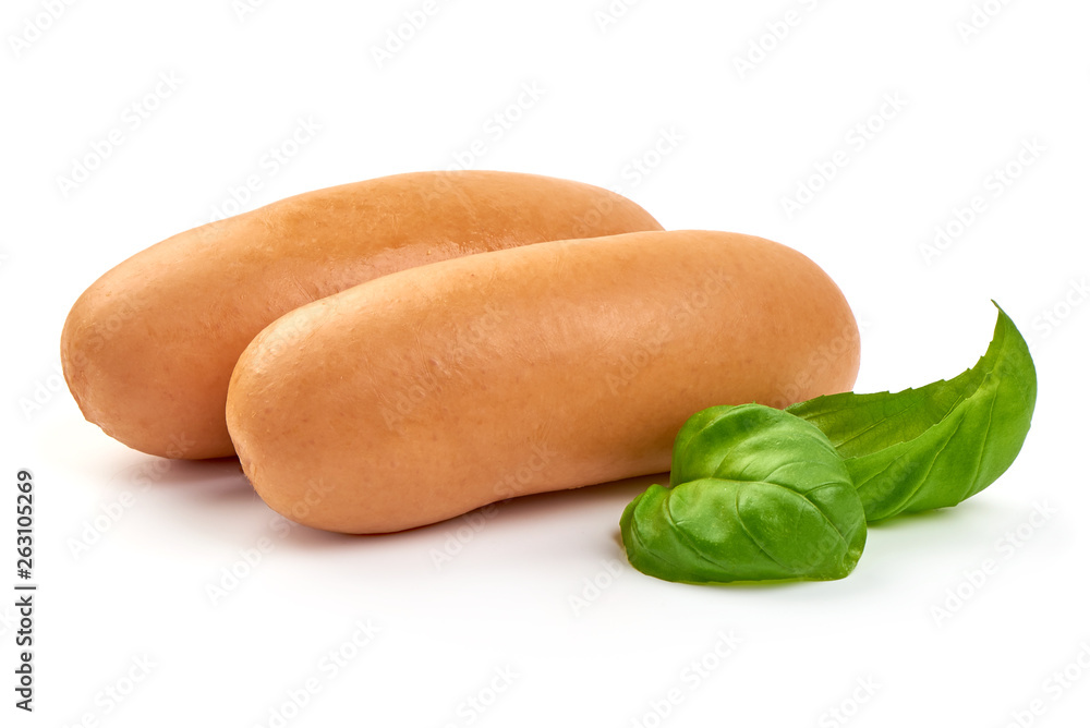 Tasty boiled sausages with basil, close-up, isolated on white background Tasty boiled sausages with basil, close-up, isolated on white background