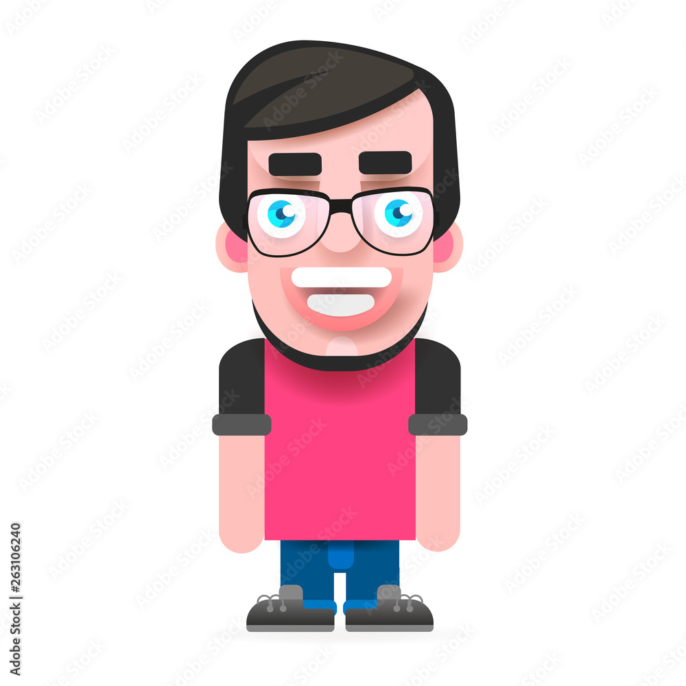 Young Hipster With Glasses And A Beard In A Pink T-shirt. Vector
