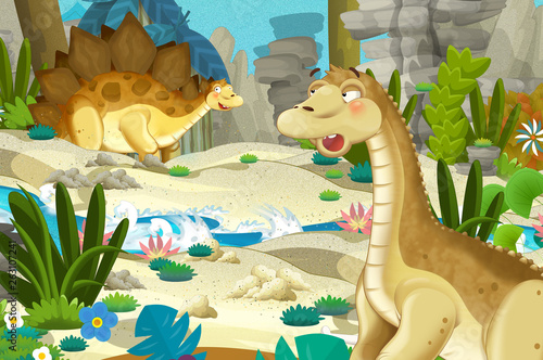 cartoon scene with dinosaur apatosaurus diplodocus with some other dinosaur in the jungle - illustration for children