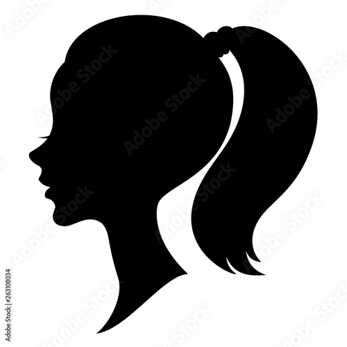 Silhouette of a profile of a sweet lady's head. A girl shows a female tail-hairstyle on long and medium hair. Suitable for logo, advertising. Vector illustration.