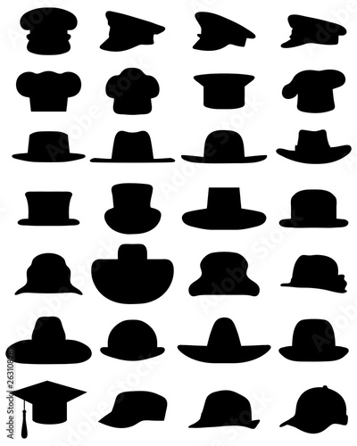 Black silhouettes of various caps and hats on a white background