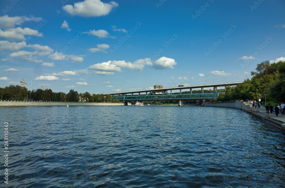 MOSCOW, RUSSIA - SEPTEMBER 10, 2017: Panoramic view of Moscow in the summer. Metro bridge Vorobyevy Gory, view from the embankment.