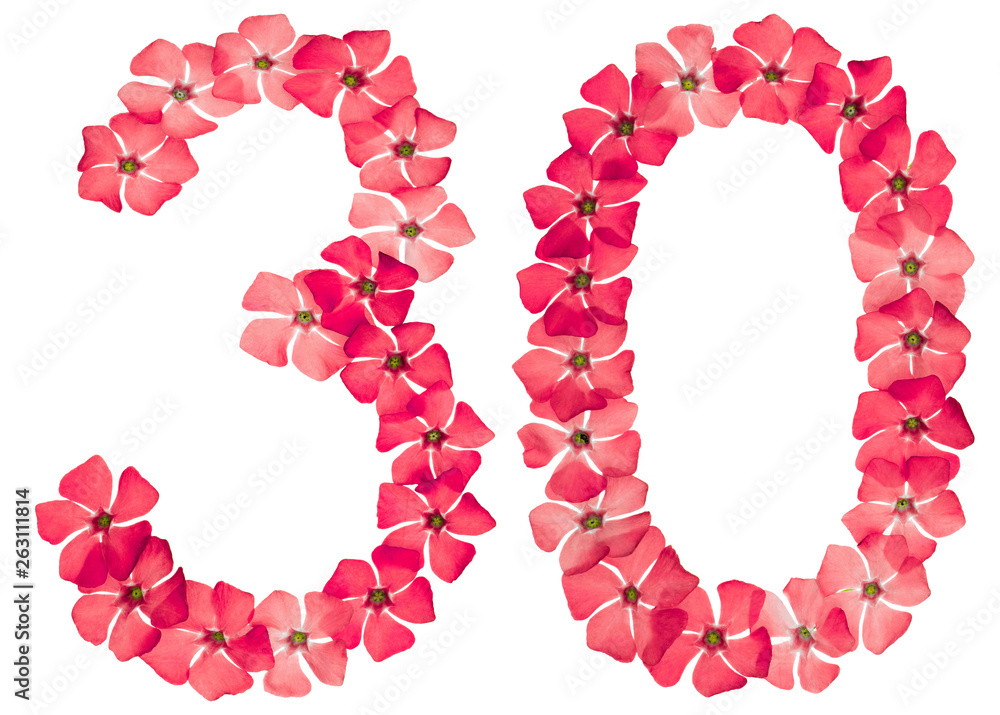 Numeral 30, thirty, from natural red flowers of periwinkle, isolated on white background Numeral 30, thirty, from natural red flowers of periwinkle, isolated on white background