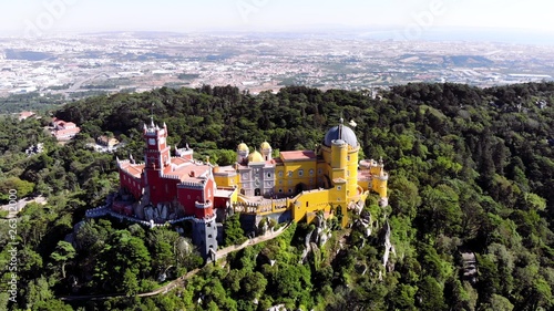 Aerial view of the beautiful Pena Palace (Palacio da Pena) in Sintra, Portugal; Concept for travel in Portugal