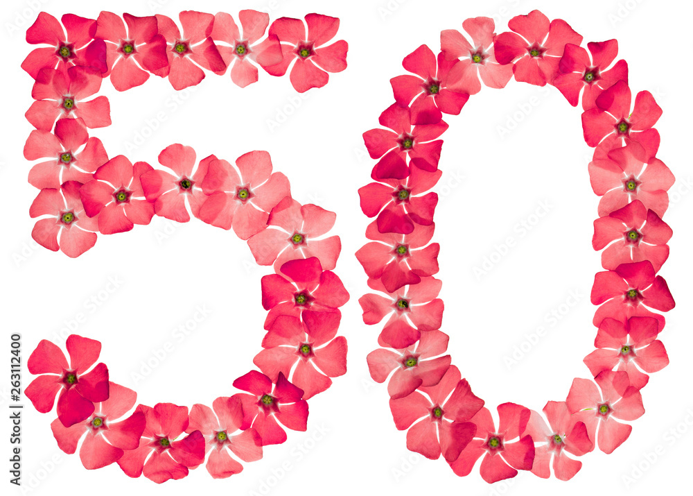Numeral 50, fifty, five, from natural red flowers of periwinkle, isolated on white background