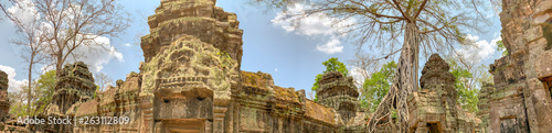 Panorama of ruins at Ta Prahm temple in Cambodia