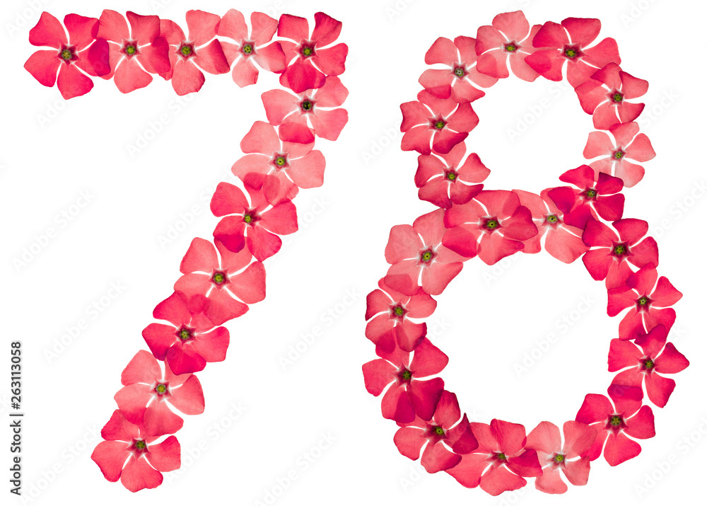 Numeral 78, seventy eight, from natural red flowers of periwinkle, isolated on white background