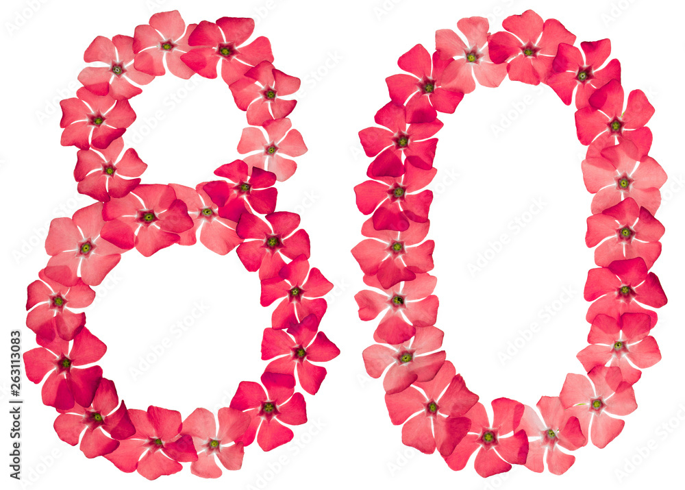 Numeral 80, eighty, from natural red flowers of periwinkle, isolated on white background