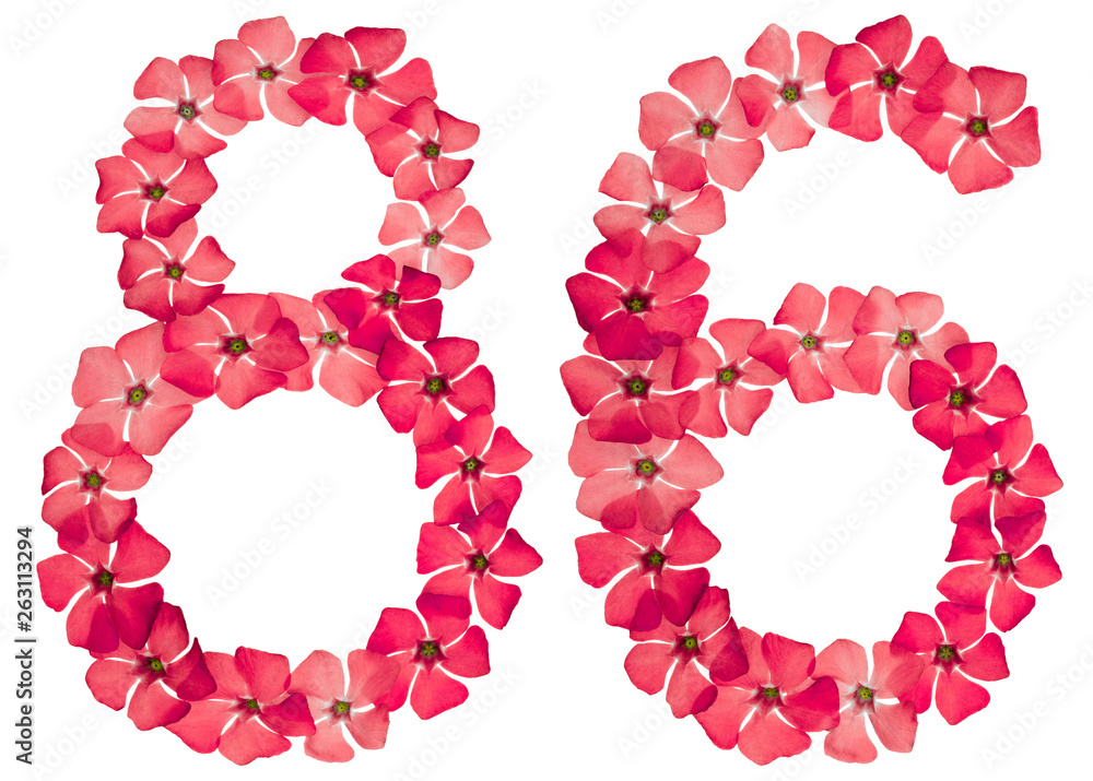 Numeral 86, eighty six, from natural red flowers of periwinkle, isolated on white background