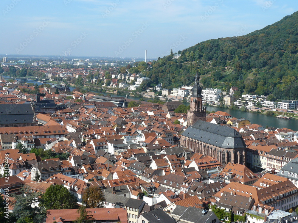 Blick vom Schloss auf Stadt, Kirche und Neckar in Heidelberg