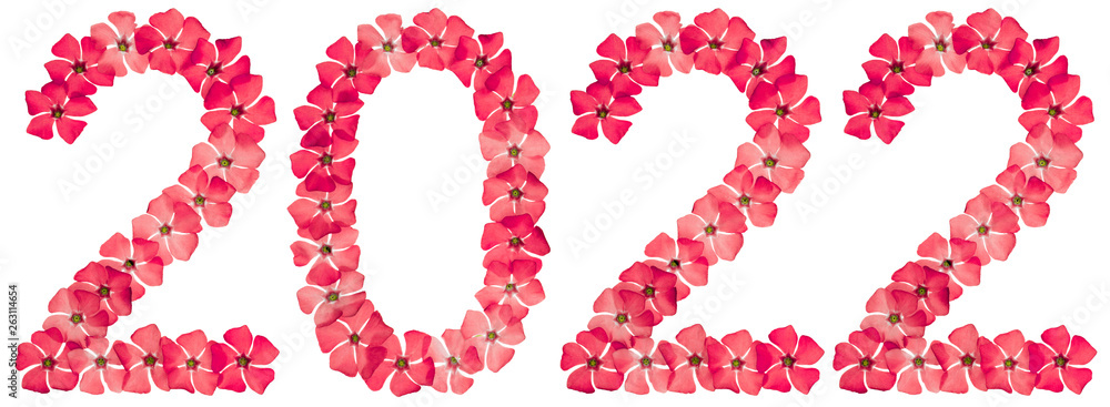 Inscription 2022, from natural red flowers of periwinkle, isolated on white background