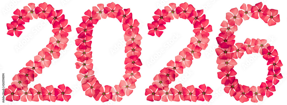 Inscription 2026, from natural red flowers of periwinkle, isolated on white background Inscription 2026, from natural red flowers of periwinkle, isolated on white background