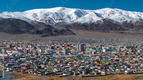 Mongolia Olgii colored city in autumn with snow on near Altai mountain