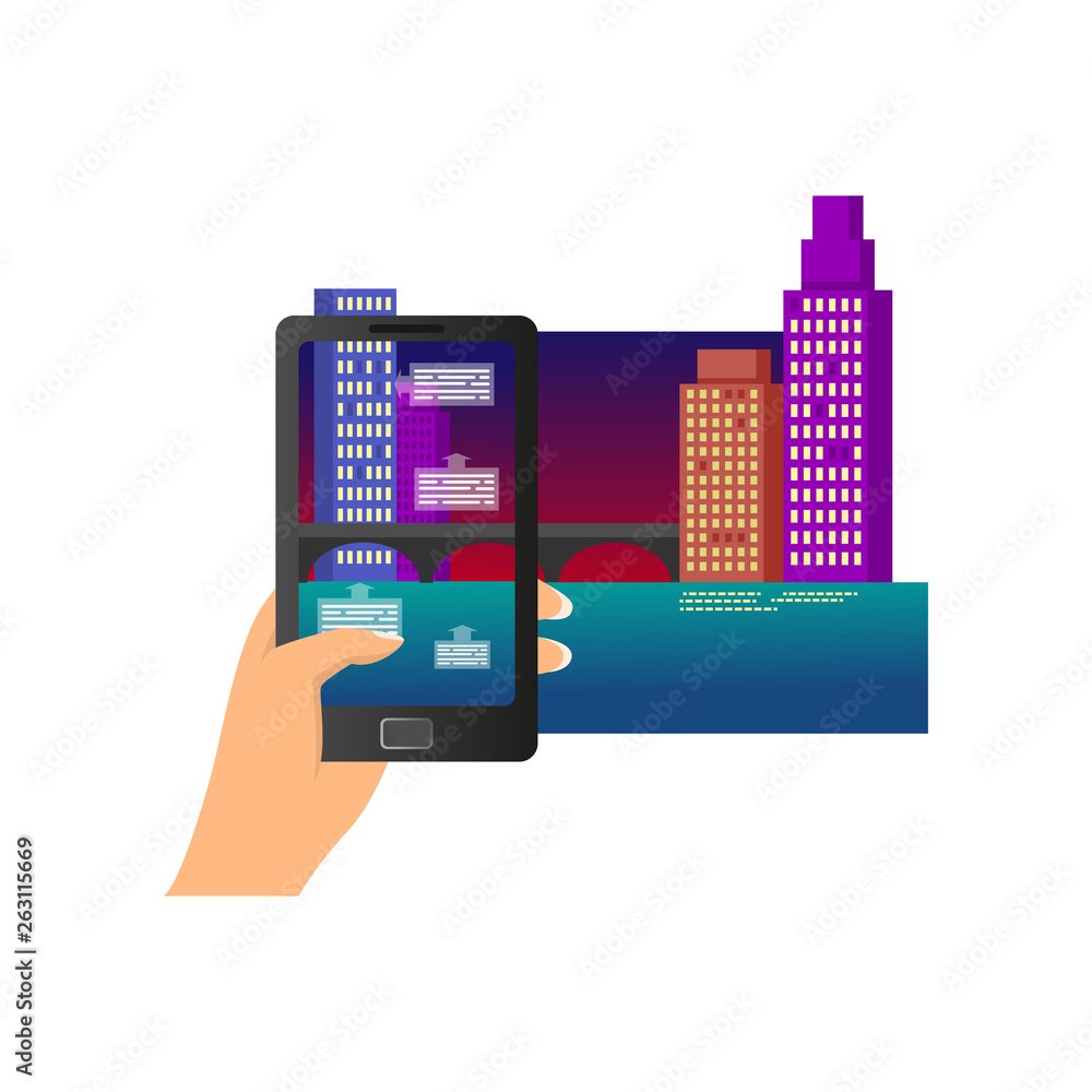 Augmented reality modern smartphone city night description Augmented reality modern smartphone city night description