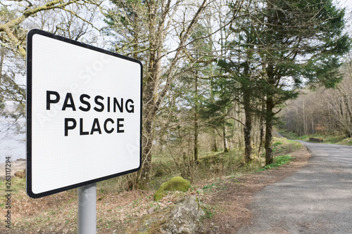 Passing place road sign post wilderness rural countryside safety danger caution Scotland uk