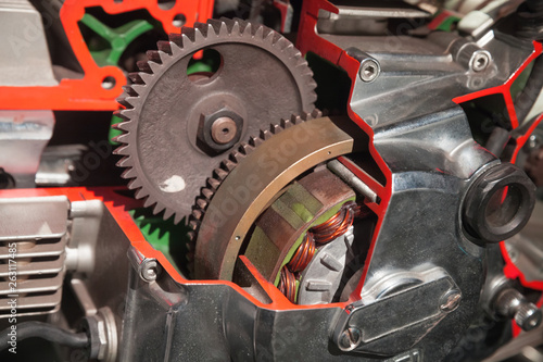 Motorcycle engine model, close-up photo