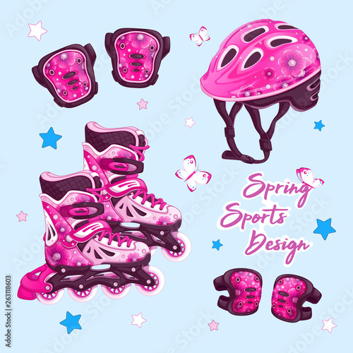 A set of sports items for rollerblading in a spring design with a floral pattern. Roller skates, helmet, knee pads and elbow pads. Vector cartoon accessories set.