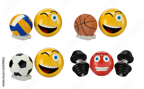Set of realistic emoji, 3d illustration icons. Sport, Soccer, Basketball, Workout, Volleyball, emotions, emoticons. Isolated on white background 