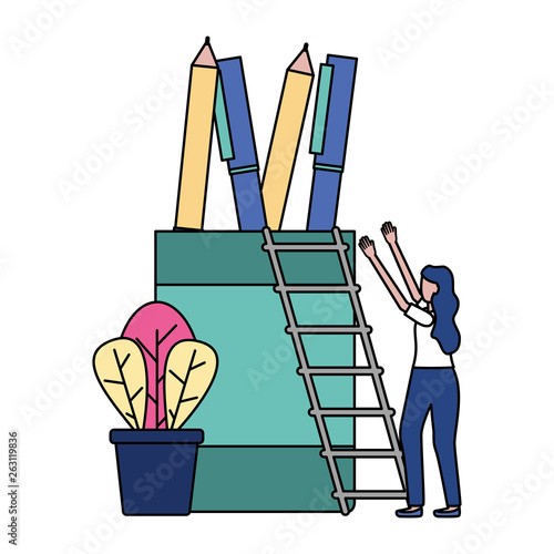 business woman pencils ladder