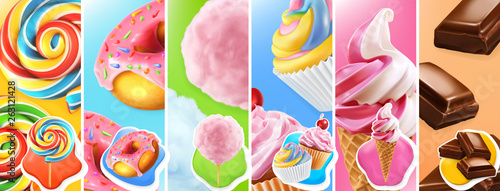 Sweet food. Lollipop, donut, cotton candy, cupcake, ice cream, chocolate. 3d realistic vector icon set