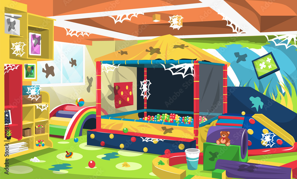 Dirty Kids Playground with Ball Pit, Rainbow Stairs, Cupboard Full of Toys for Vector Interior Design Ideas