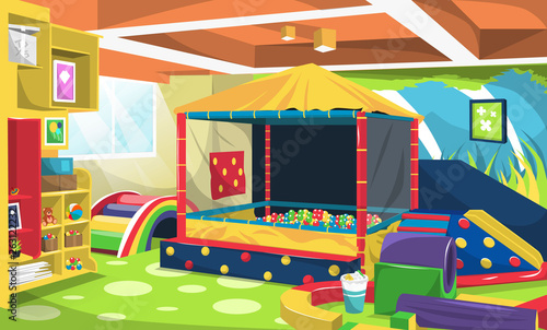 Clean Kids Playground with Ball Pit, Rainbow Stairs, Cupboard Full of Toys for Vector Interior Design Ideas