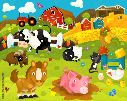 cartoon happy and funny farm scene with happy animals - illustration for children © agaes8080