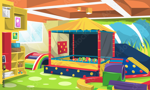 Kids Playground with Ball Pit, Rainbow Stairs, Cupboard Full of Toys for Vector Interior Design Ideas