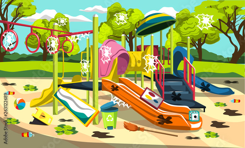 Dirty Outdoor Playground Fun for Kids at Park with Slides, Ball and Dice for Vector Outdoor Design Ideas