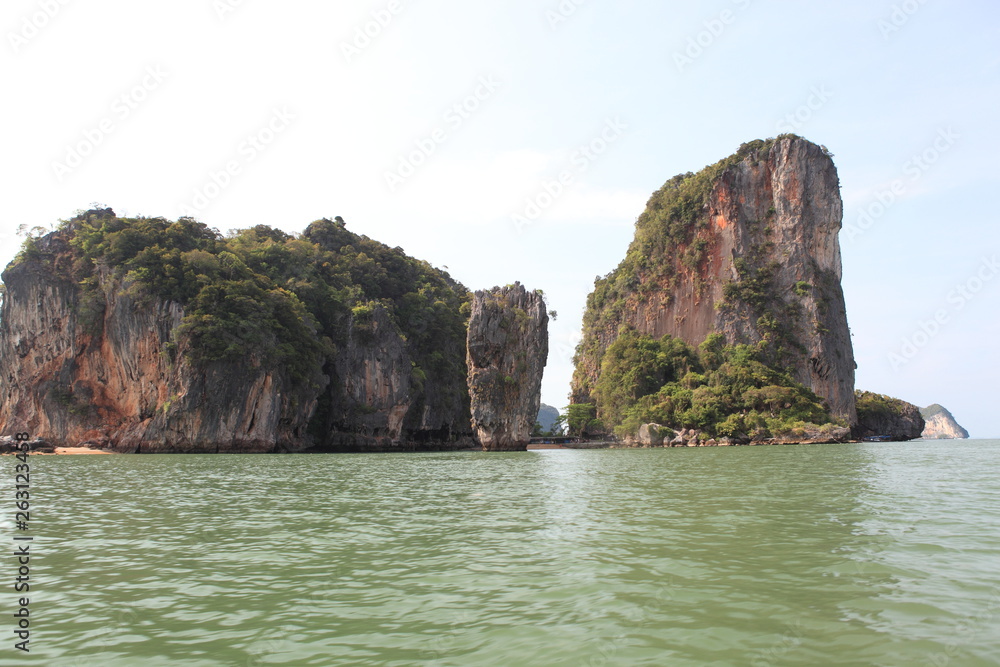 James Bond island near Phuket in Thailand. Famous landmark and famous travel destination  Scenery Thailand sea and island. Adventures and travel concept