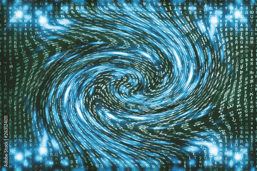 Blue matrix digital background. Distorted cyberspace concept. Characters fall down in wormhole. Hacked matrix. Virtual reality design. Complex algorithm data hacking. Cyan digital sparks.