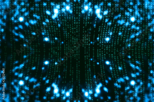 Blue green matrix digital background. Abstract cyberspace concept. Green characters fall down. Matrix from symbols stream. Virtual reality design. Complex algorithm data hacking. Cyan digital sparks.