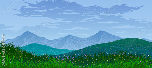 Vector illustration of spring landscape. Mountains, grass and meadows with flowers.