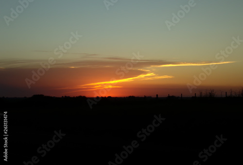 Bright Orange Sunset Landscape, country side on the road, sunrise, trees and plants in the dark