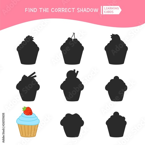 Educational  game for children. Find the right shadow. Kids activity with cartoon cute cupcake.