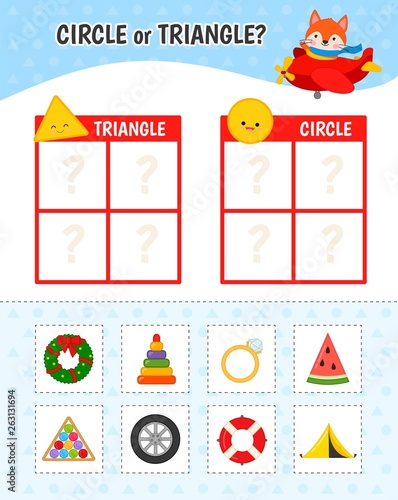 Educational game for children with pictures. Kids activity sheet. Circle or triangle?  Cartoon illustration of circle or triangle objects.