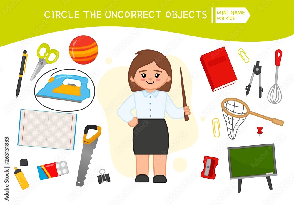 Educational game for children. Cartoon teacher. Circle the uncorrect objects. Educational game for children. Cartoon teacher. Circle the uncorrect objects.